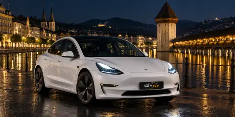 Der weisse Tesla Model 3 nachts am Quai in Luzern, dahinter die beleuchtete Kapellbrücke